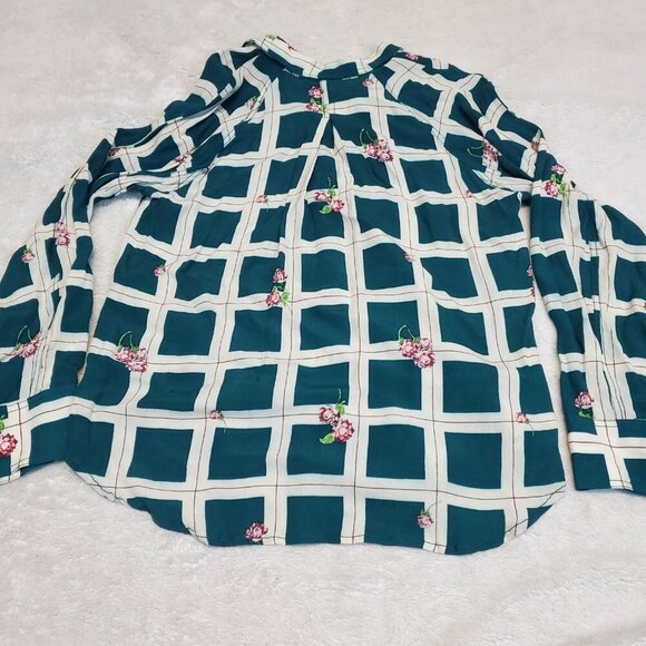 Free People Window to my‎ Heart Green Cream Plaid Floral Romantic Flowy Blouse S - Picture 3 of 7